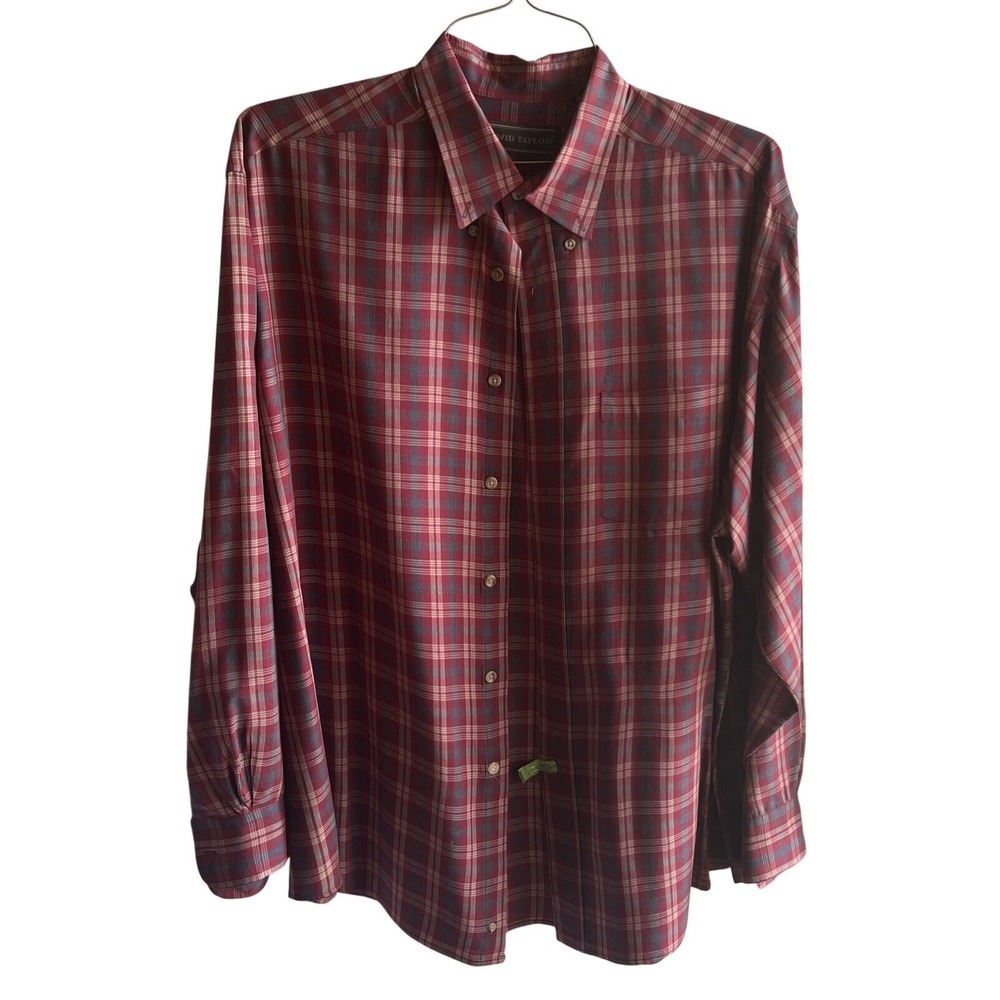 David Taylor Mens XL Plaid Button Down Shirt Red Blue‎ Long Sleeve Pocket Korea